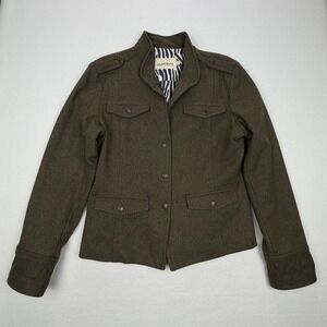 Maestro Women Olive Green Wool Blend Military Jacket Peplum Zebra Lining Large